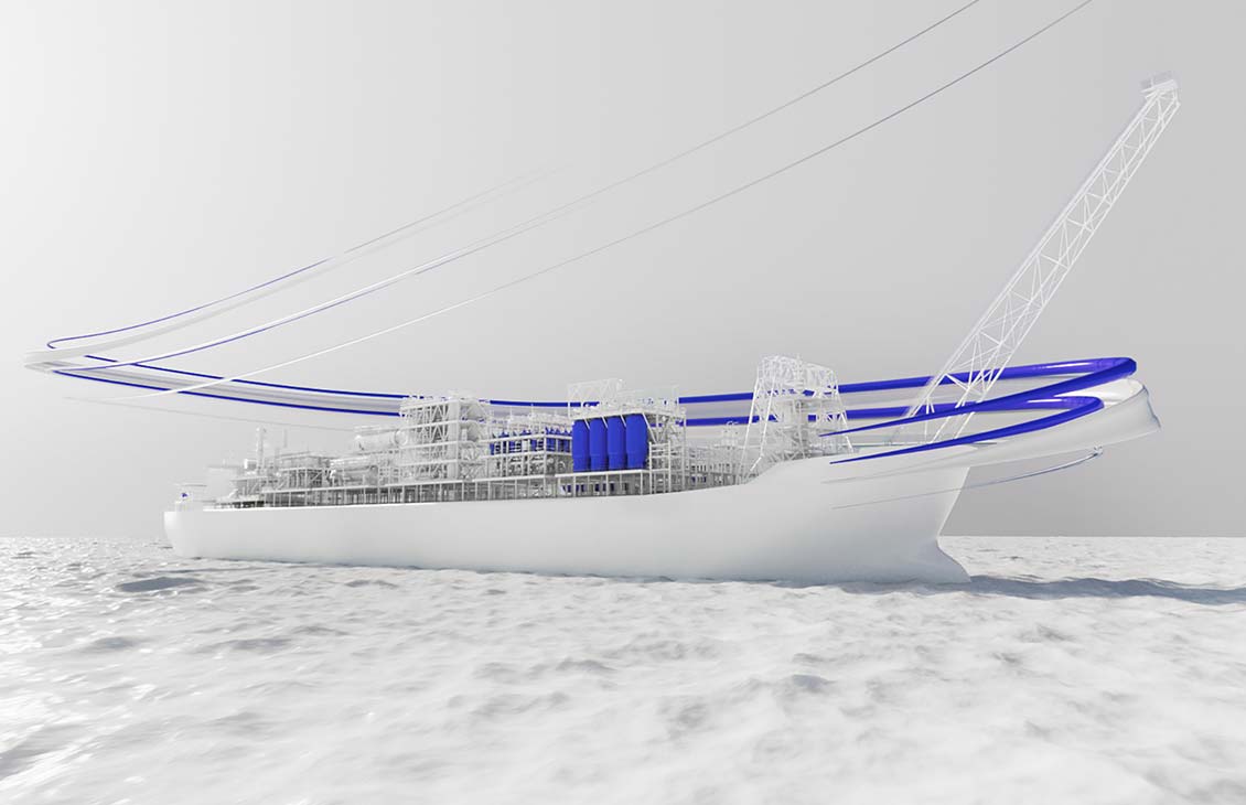 SLB Brand Art of an FPSO on the water with a ribbon of blue and white circling the top of the ship.