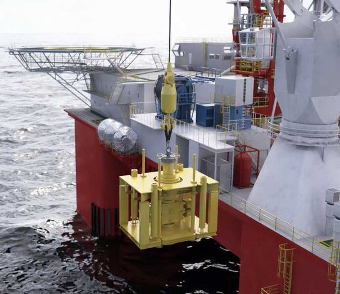 The riserless open-water abandonment module (ROAM) being lowered into the ocean